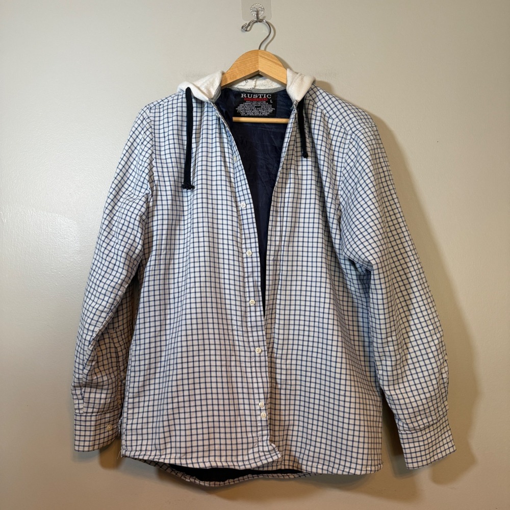 Rustic Outfitters Mens Blue White Grid Check Quilted Lined Hooded Shirt Jacket L